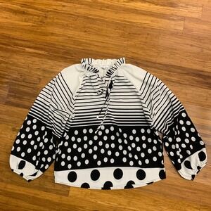 Ariella‎ Black White Striped Polka Dot Blouse Womens Size Medium Tie Neck Top